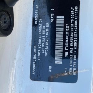 Car Wreckers - Toyota Camry 2010 White Auto Petrol