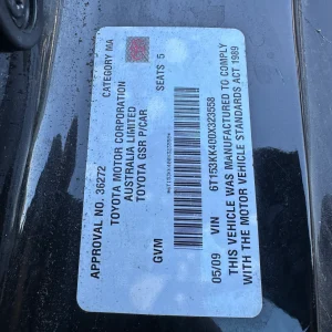 Toyota Aurion 2009 Black Auto Petrol
